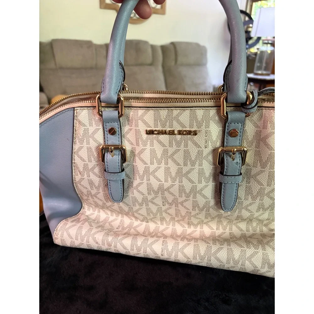 Michael Kors Satchel Bag Signature Logo Monogram Light BlueLeather Trim GoldTone